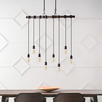 Rhys 40" 8-Light Vintage Industrial Driftwood Iron LED Linear Chandelier with Height Adjustable Bulbs - JONATHAN Y